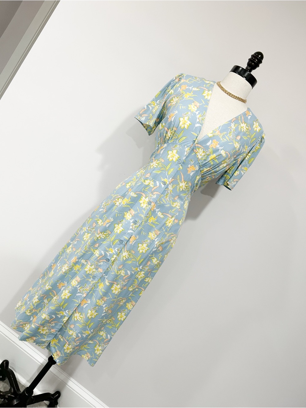 Uniqlo Light Blue Floral Midi Dress with V-Neck